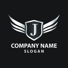 Luxury Letter J Gold Wing with Shield Logo template, Golden Wing Shield Luxury Initial Letter J logo