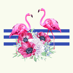 Beautiful flamingo and floral nautical themed graphic for girls in editable vector file ; can be use for girls tops and tees graphics