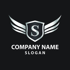 Obraz premium Luxury Letter S Gold Wing with Shield Logo template, Golden Wing Shield Luxury Initial Letter S logo