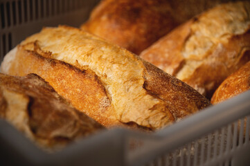 Lots of French bread rolls. Freshly baked French rolls are delicious. Close-up