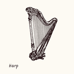 Harp. Ink black and white doodle drawing in woodcut style with inscription.
