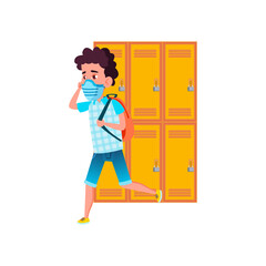 school kid boy wearing safety mask. happy kid. people vector illustration