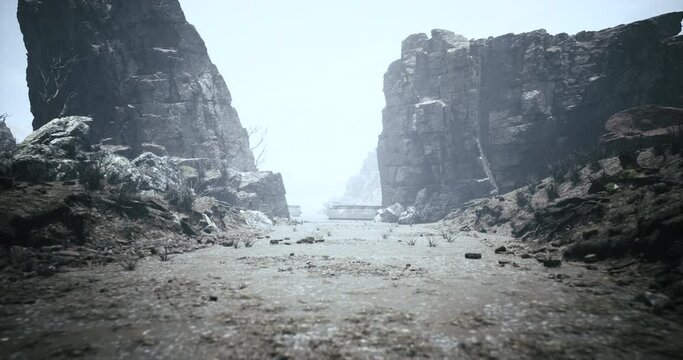 Abandoned road in mystical illumination with fog and huge rocks. 3d render