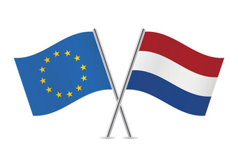 European Union and Netherlands flags. EU and Netherlandish flags isolated on white background. Vector illustration.