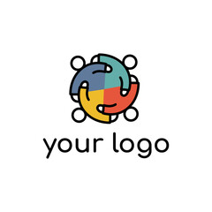 Teamwork group logo. Symmetrical round linear style sign for mobile concept and web design. Four people circle outline vector icon. Vector graphics
