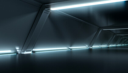 Abstract Futuristic dark corridor interior design. Future tunnel with light background. Spaceship sci-fi concept.3D rendering.