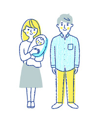 笑顔で立っている若い夫婦と赤ちゃん　全身