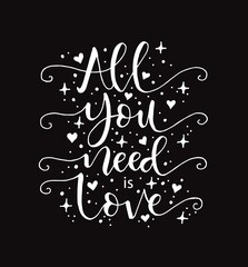 All you need is love. Motivational quote, hand lettering
