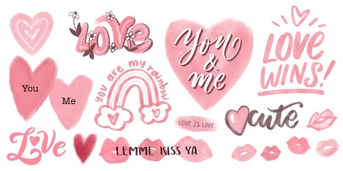 hearts doodles for Valentine’s Day isolated on white background, set with pink heart and love quotes, romantic lettering, trendy watercolor Valentine’s Day stickers for decoration, cute illustrations 