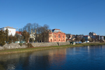 View of Uzh river and buildings of the center of Uzhgorod, Ukraine