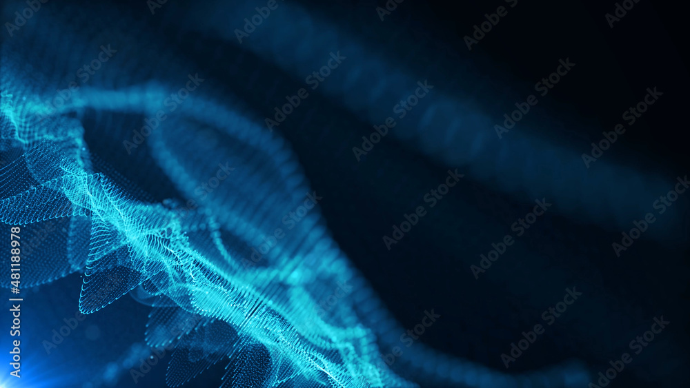 Poster Fantasy blue textured abstract shape and light particles. Depth of field. 3D rendering
