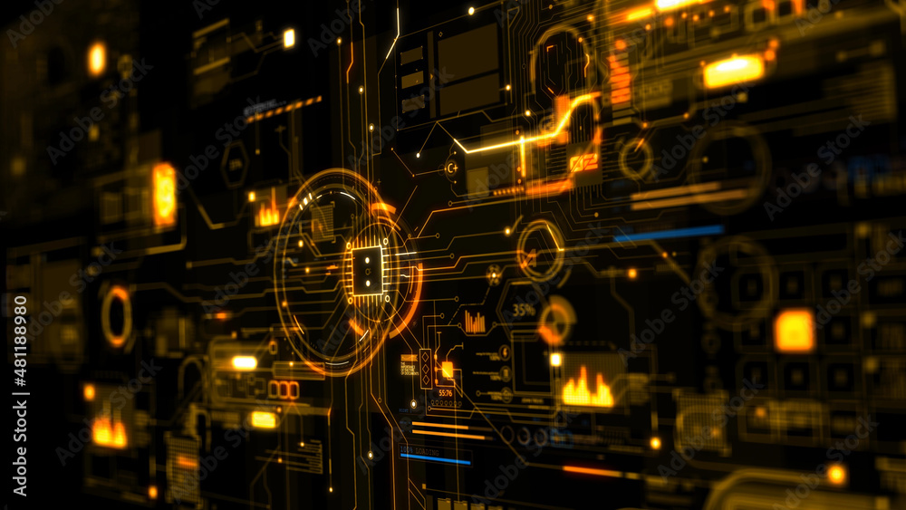 Poster abstract futuristic device. orange and yellow digital hi-tech elements on a circuit board around cpu