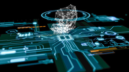 Blue abstract high tech device. Futuristic motherboard with digital hi-tech elements and plexus particles. Depth of field settings. 3D rendering