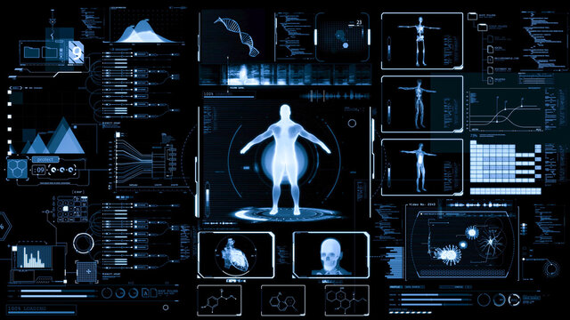 Blue abstract medical user interface. Futuristic health infographics and technology HUD elements. 3D rendering