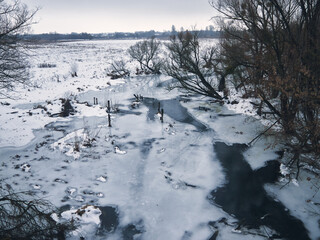 Bare bushes and branches, the river is frozen, but in some places the ice has melted and formed...
