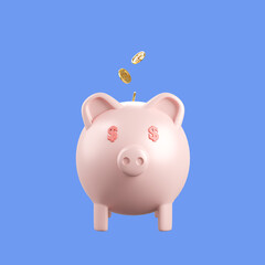 Piggy bank and golden coin on blue wall with saving money concept. financial planning for the future. 3d rendering.