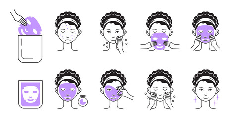 Facial mask sheet applying steps vector. Girl shows steps descriptions how to cleaning, whiting face and use cosmetic mask. Info-graphic of cosmetic procedure