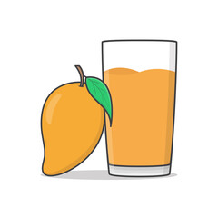 Mango Juice With Mango Vector Icon Illustration. Glass Of Mango Juice Flat Icon