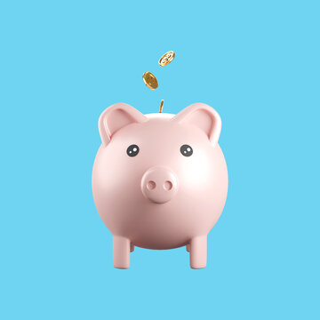 Piggy bank and golden coin on blue wall with saving money concept. financial planning for the future. 3d rendering.