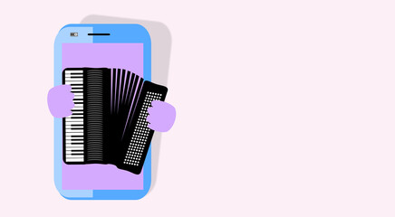 MOBILE PHONE playing the piano ACCORDION, close-up isolated. Cellphone, smart technology. ILLUSTRATION with reference to art. Poster of music. Wind musical instrument. Refers to sound.