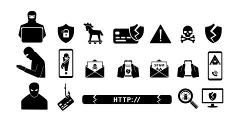 Hacker attacks, spam call and fake website links. The concept of phishing, cyber crime, online fraud and web protection. Set of solid black vector icons isolated on white background