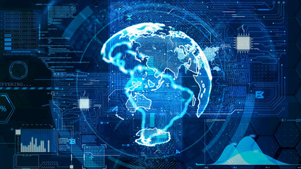 Blue abstract earth technology and communications background. Fantasy hi tech elements. Depth of field settings. 3D rendering