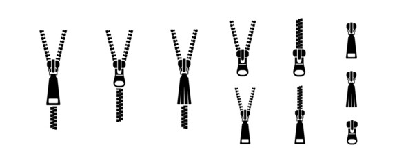  Zippers. Open and closed zippers big icons set. Solid vector black icon isolated on white background
