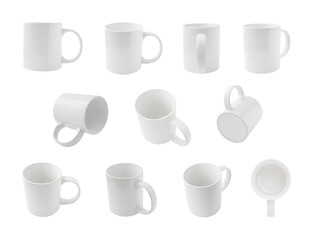 Front, side and back views of mug for tea and coffee isolated on white background
