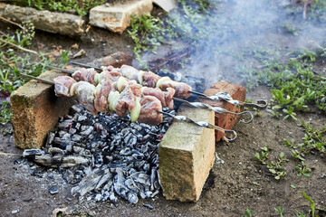 The theme of rest, relaxation, delicious food. Shish kebab is fried on a fire. Meat with onions on skewers is prepared with the help of improvised means in nature. Barbecue made of bricks.