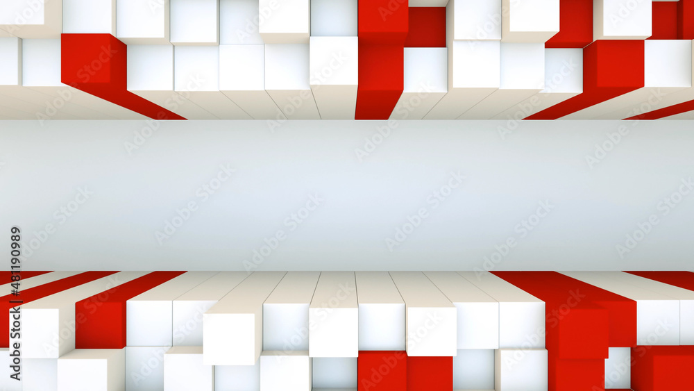 Wall mural 3d white and red cubes along a white space. abstract technology background. 3d rendering