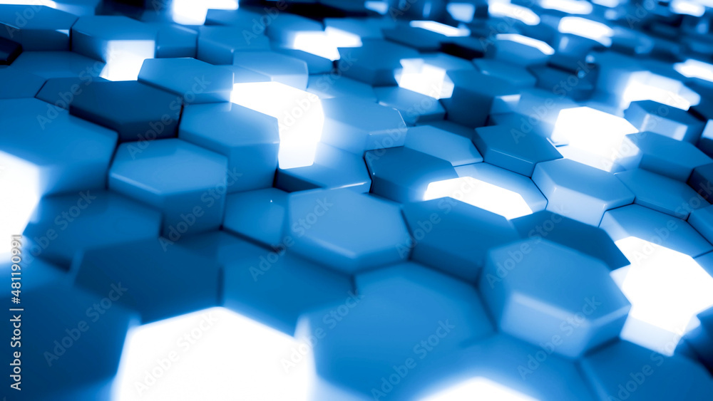Poster blue and luminescent hexagon modules waving. abstract technology, data and engineering background. p