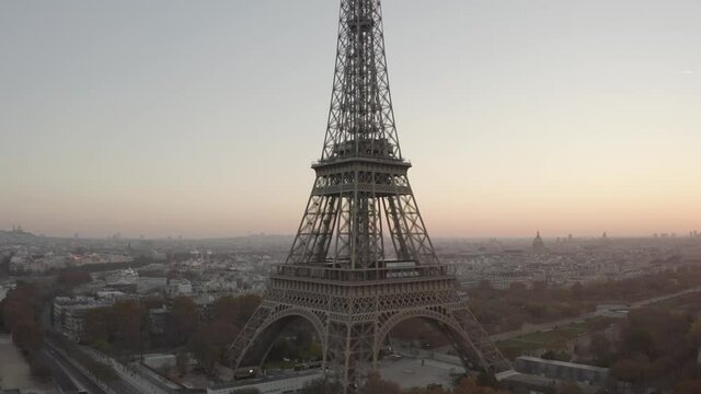 Eiffel Tower at sunset, drone shot, log