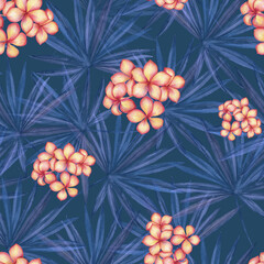 Seamless pattern of plumeria or frangipani flowers and palm leaves on a blue background. Watercolor drawing. Design, decor, texture, background, wrapping, textiles, wallpaper.