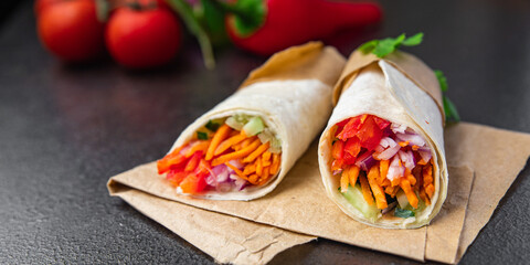 vegetarian shawarma doner kebab burrito filling vegetable pita veggie bread vegetables dish on the table healthy meal snack copy space food background top view vegan food