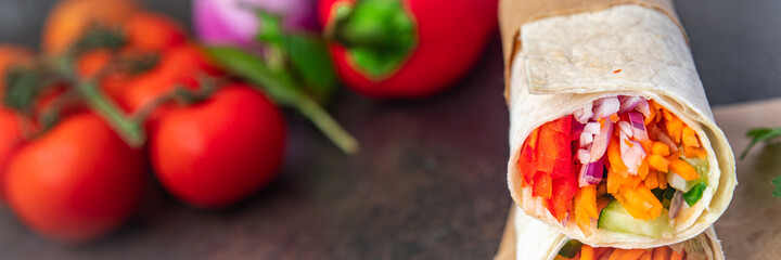 vegetarian shawarma doner kebab burrito filling vegetable pita veggie bread vegetables dish on the table healthy meal snack copy space food background top view vegan food