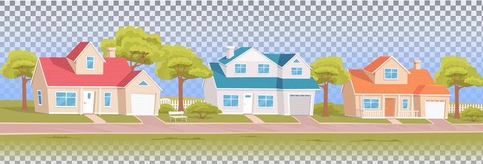 Cozy street with country houses and gardens on a transparent background