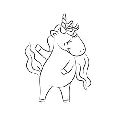 Unicorn girl dancing. Body positive unicorn, line art. Childish illustration for t-shirts and stationery