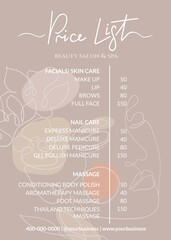 Price list for a beauty salon, massage parlor or nails art. Small business of beauty and beauty treatments