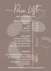 Price list for a beauty salon, massage parlor or nails art. Small business of beauty and beauty treatments in boho style