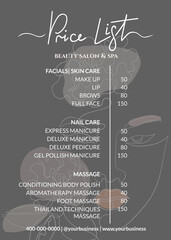 Price list for a beauty salon, massage parlor or nails art. Small business of beauty and cosmetic procedures in boho style gray