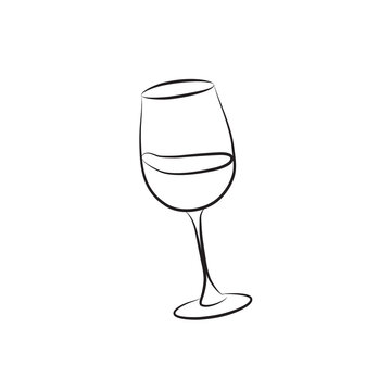 Glass of wine splashed line art. The line drawing of a glass with alcohol is tilted, the liquid spills