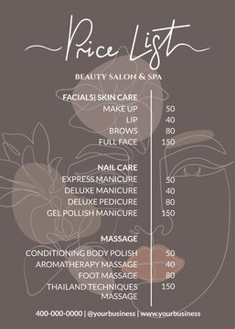 Price list for beauty salon, massage parlor or nail art dark shade. Small business of beauty and beauty treatments in boho style