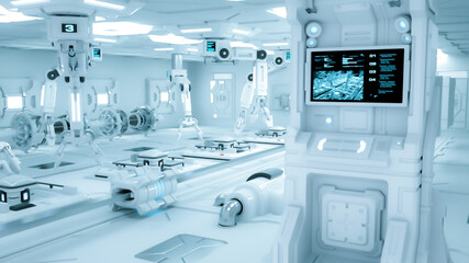 White mechanical robotic arms working in a sterile white environment, like a factory or a high-tech laboratory. 3D rendering