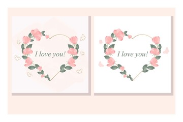 Greeting card. Square card templates for valentine, publication, post, social network.  Valentine's day. A heart of delicate flowers and butterflies.