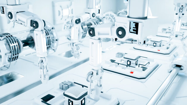 White mechanical robotic arms working in a sterile white environment, like a factory or a high-tech laboratory. 3D rendering