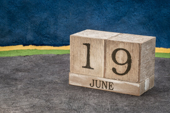 Juneteenth (June 19) in a desktop wooden calendar – also known as Freedom Day, Jubilee Day, Liberation Day, and Emancipation Day – holiday celebrating the emancipation of those who had been enslaved
