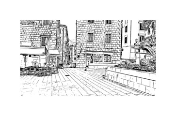 Building view with landmark of Makarska is the 
city in Croatia. Hand drawn sketch illustration in vector.