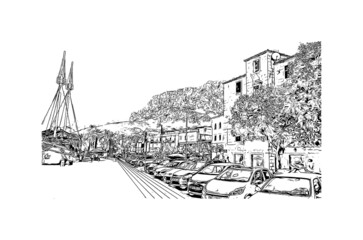 Building view with landmark of Makarska is the 
city in Croatia. Hand drawn sketch illustration in vector.