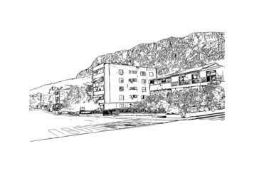 Building view with landmark of Makarska is the 
city in Croatia. Hand drawn sketch illustration in vector.