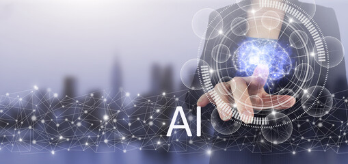 AI, Machine learning. Hand touch digital screen hologram Brain sign on city light blurred background. Digital Brain Artificial intelligence